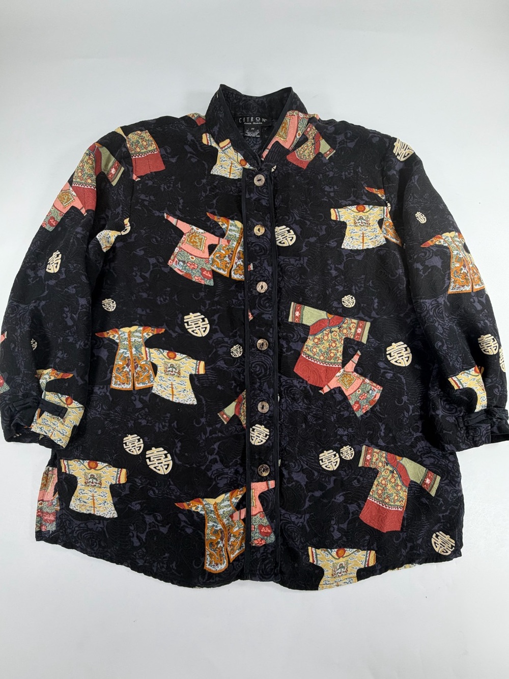 Citron Asian Print Silk Blouse Jacket Mandarin Collar Black Medium Artsy